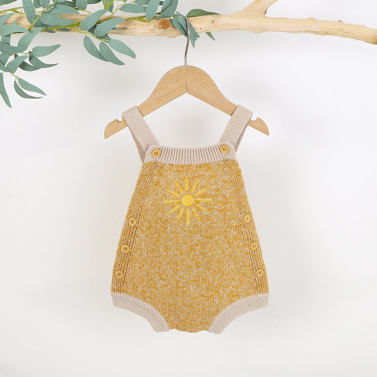 Spring Autumn Infant Toddler Unisex Sun Embroidery Cotton Knitted Suspender Bubble Romper Baby Knit Bodysuit