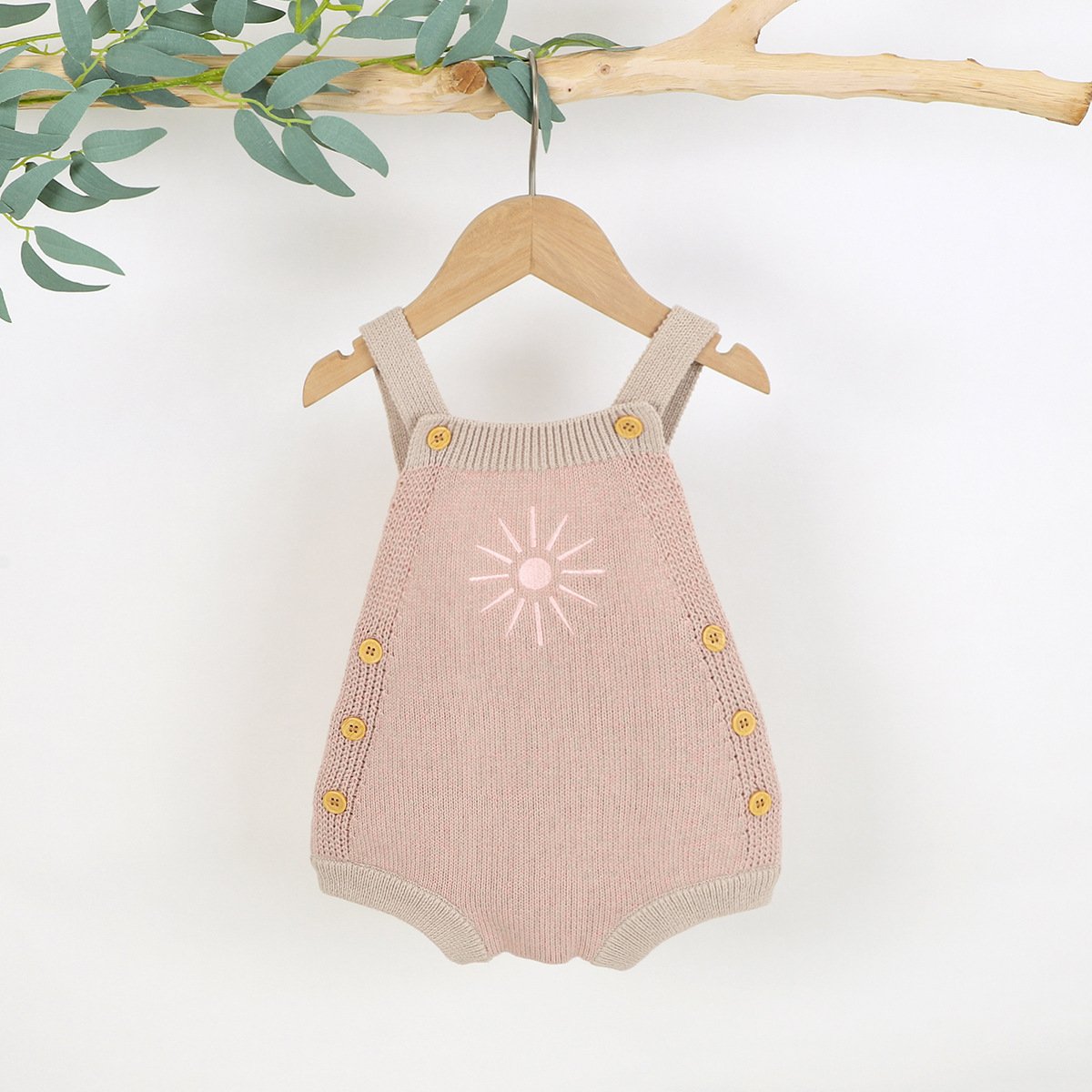 Spring Autumn Infant Toddler Unisex Sun Embroidery Cotton Knitted Suspender Bubble Romper Baby Knit Bodysuit