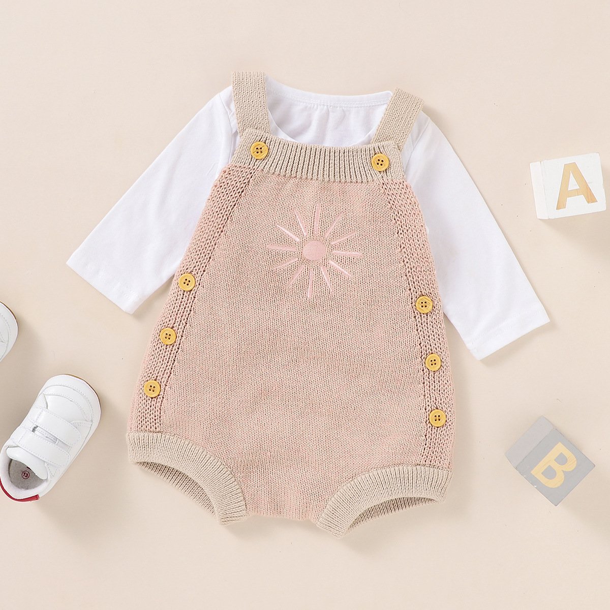 Spring Autumn Infant Toddler Unisex Sun Embroidery Cotton Knitted Suspender Bubble Romper Baby Knit Bodysuit