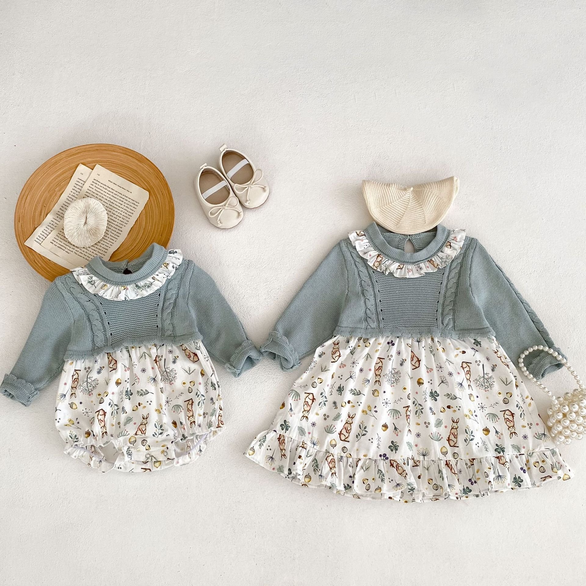 Engepapa Autumn Sisters Knit Patchwork Printed romper Infant Romper Dress knitted Baby Girl Clothes