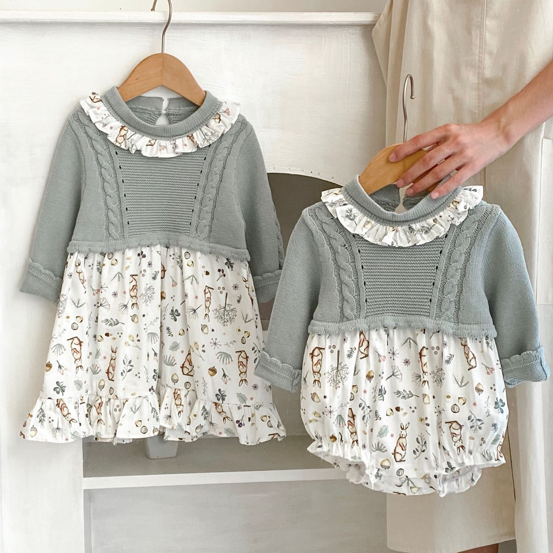 Engepapa Autumn Sisters Knit Patchwork Printed romper Infant Romper Dress knitted Baby Girl Clothes