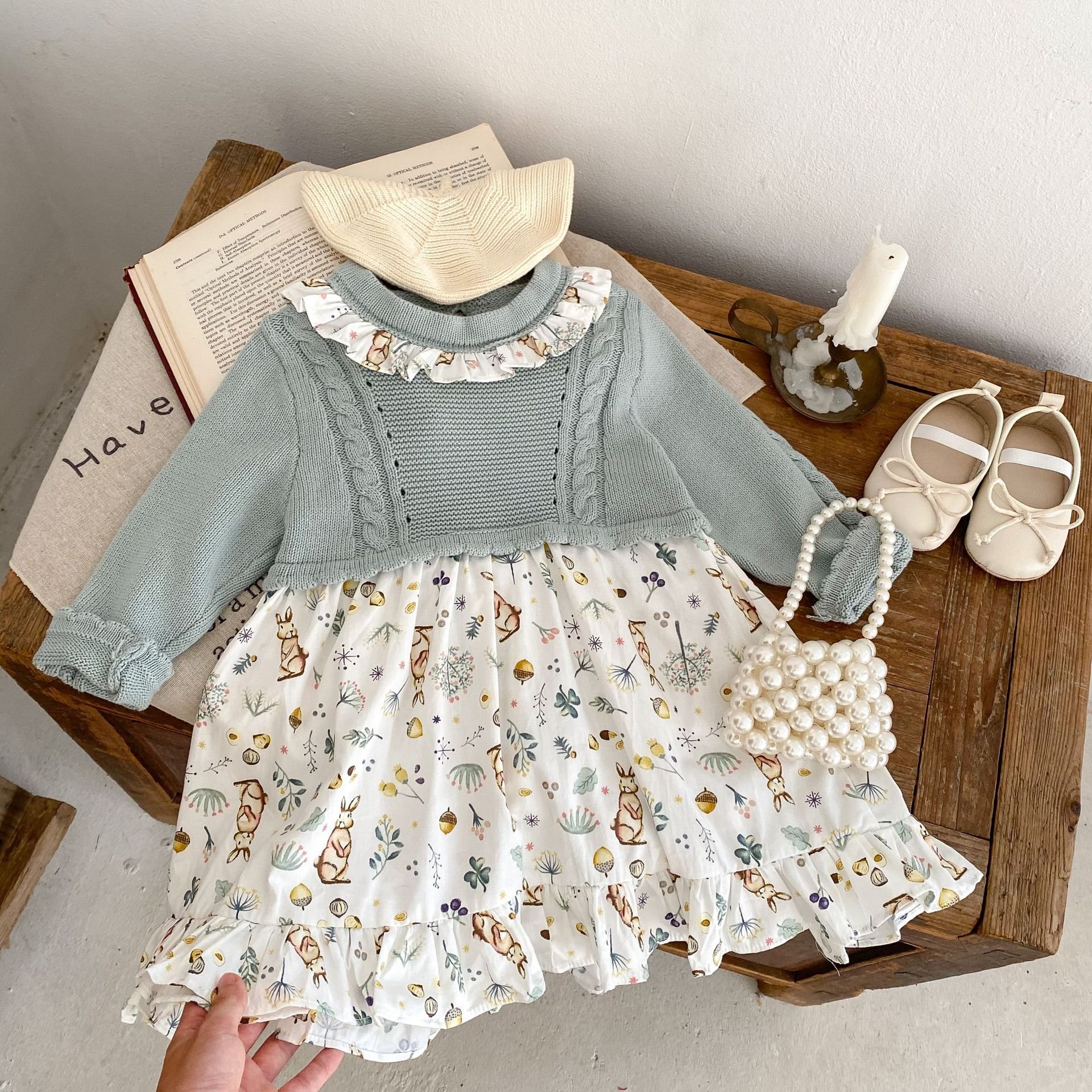 Engepapa Autumn Sisters Knit Patchwork Printed romper Infant Romper Dress knitted Baby Girl Clothes