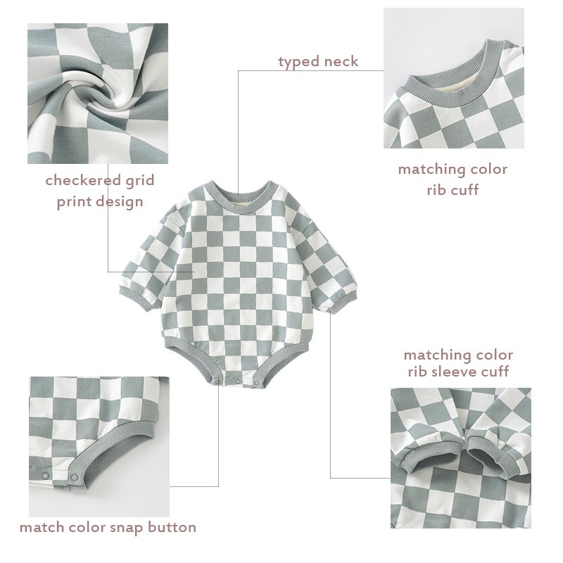 Wholesale Organic Cotton Checkered Baby Grow Rompers Snap Button Print Short Baby Rompers