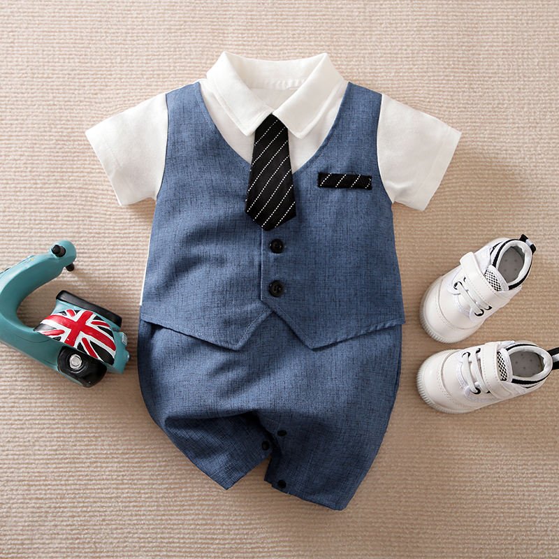 Hot Sale Wholesale Baby Boy Clothes Short Sleeve Summer Thin Blue Cotton Handsome British Gentleman