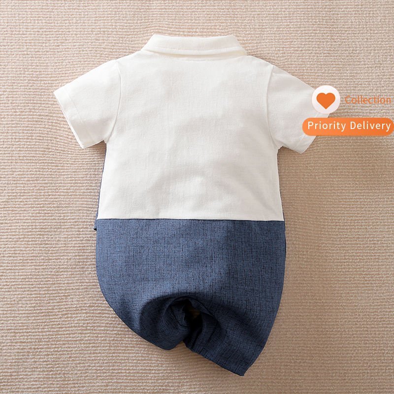 Hot Sale Wholesale Baby Boy Clothes Short Sleeve Summer Thin Blue Cotton Handsome British Gentleman