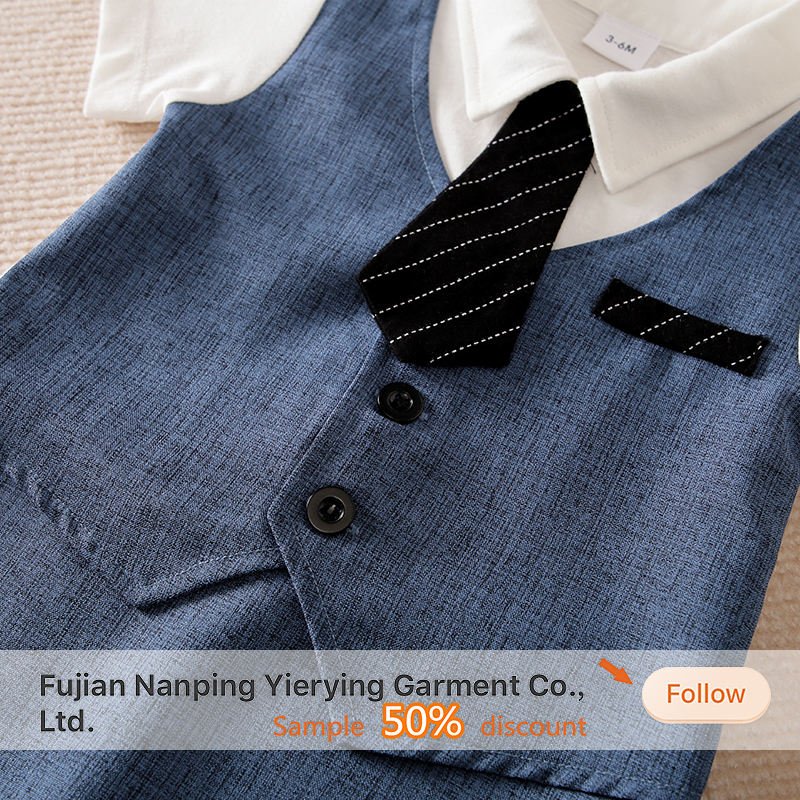 Hot Sale Wholesale Baby Boy Clothes Short Sleeve Summer Thin Blue Cotton Handsome British Gentleman