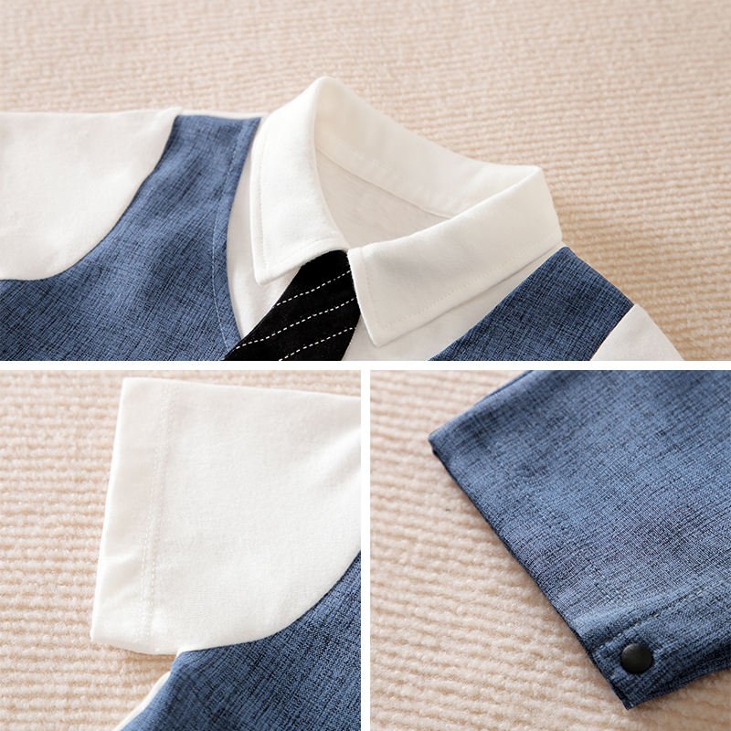 Hot Sale Wholesale Baby Boy Clothes Short Sleeve Summer Thin Blue Cotton Handsome British Gentleman