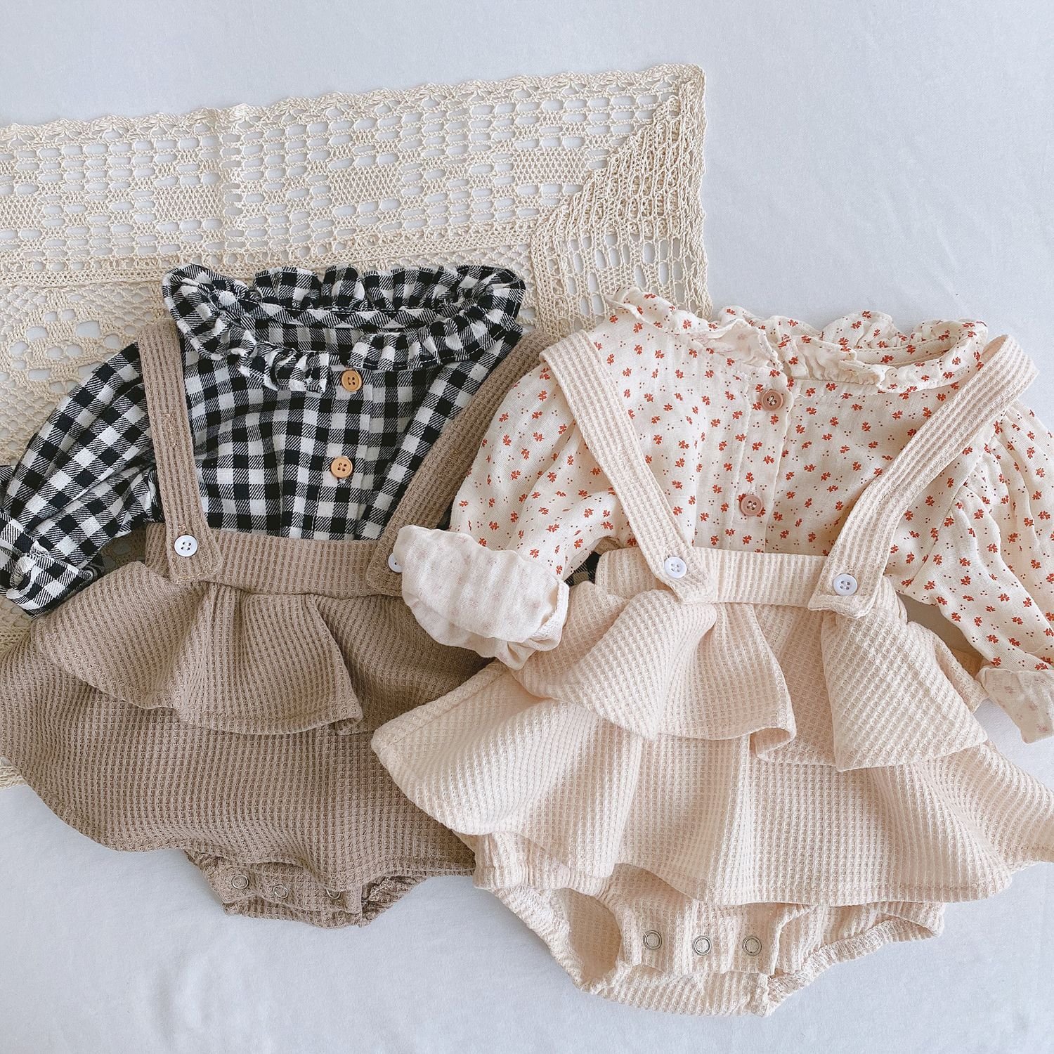 Autumn Kids Boutique Clothing Baby Girls Plaid Floral Blouse Suspender Dress Romper Sets Outfits