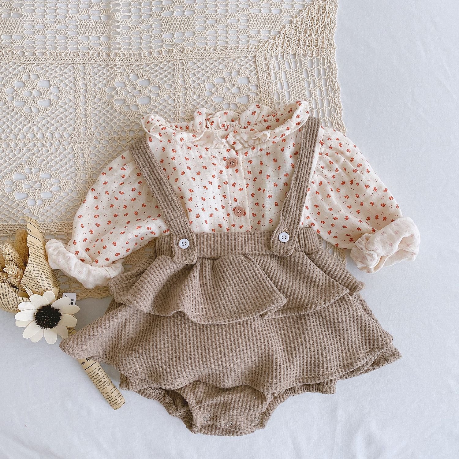 Autumn Kids Boutique Clothing Baby Girls Plaid Floral Blouse Suspender Dress Romper Sets Outfits