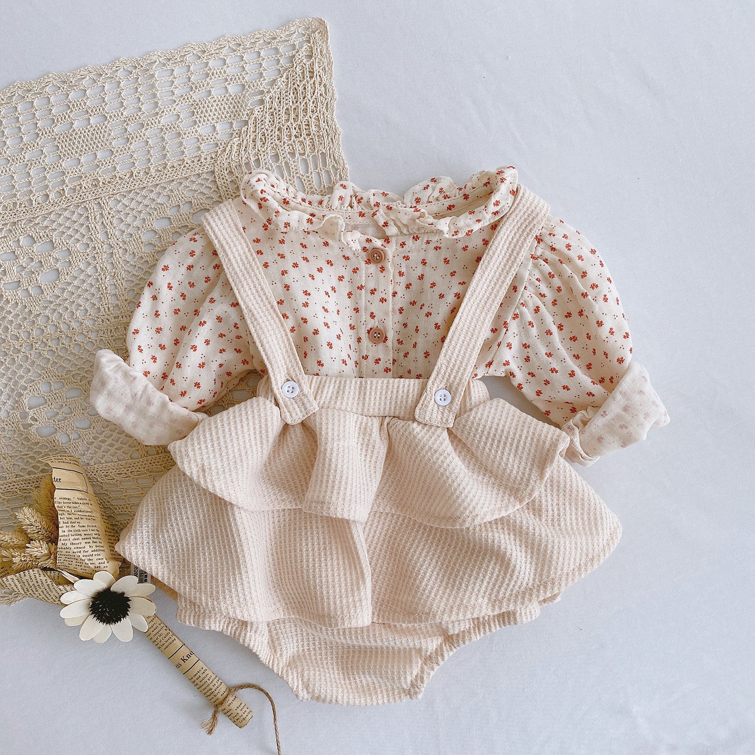 Autumn Kids Boutique Clothing Baby Girls Plaid Floral Blouse Suspender Dress Romper Sets Outfits