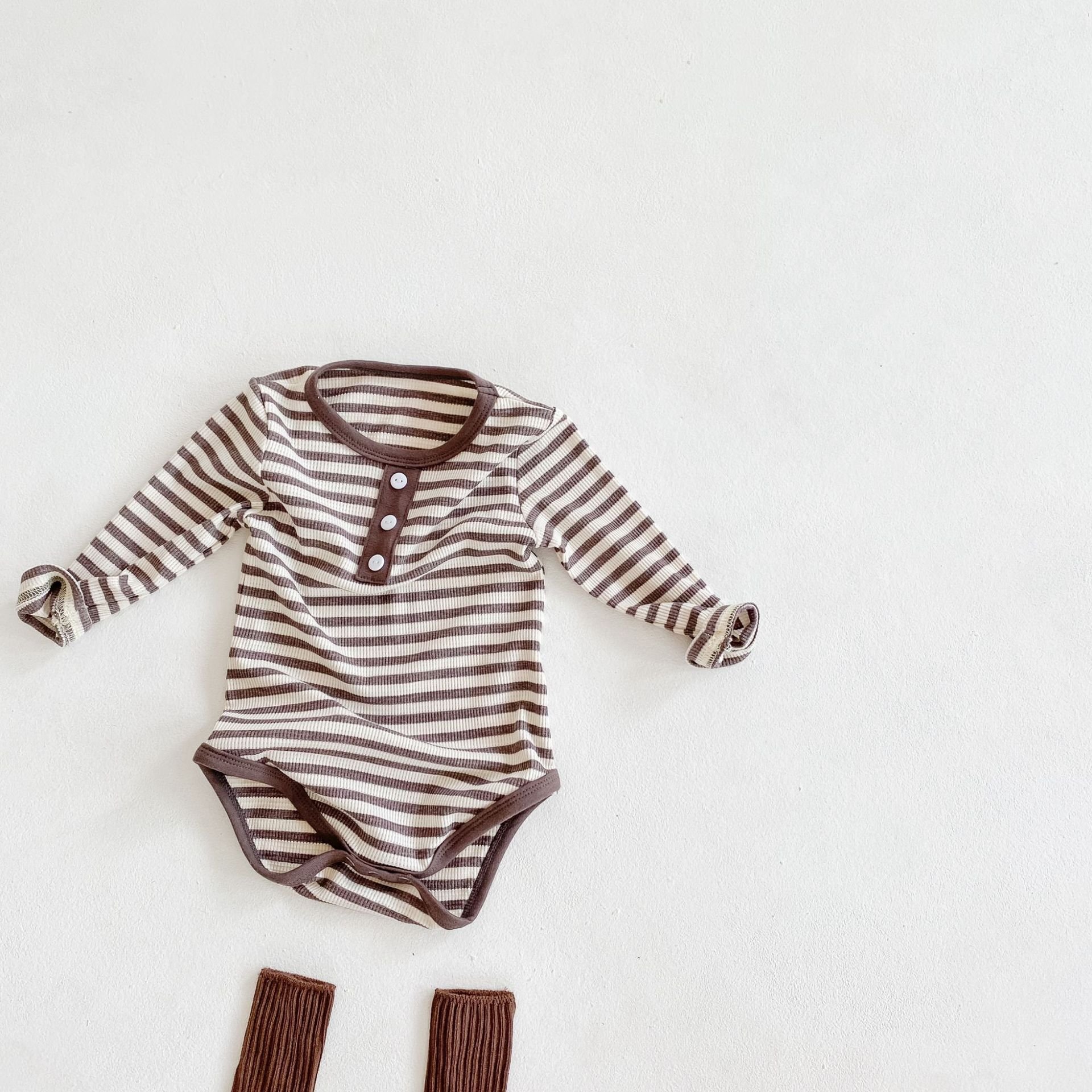 High Qualitybrown Stripe Cotton Blend Baby Long Sleeve Romper Casual Comfortable Romper
