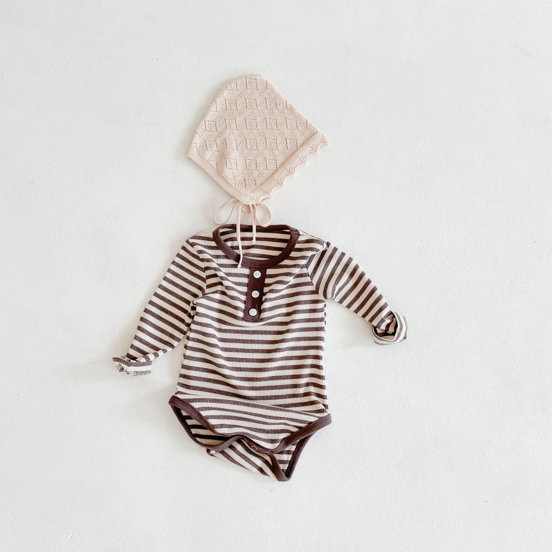 High Qualitybrown Stripe Cotton Blend Baby Long Sleeve Romper Casual Comfortable Romper