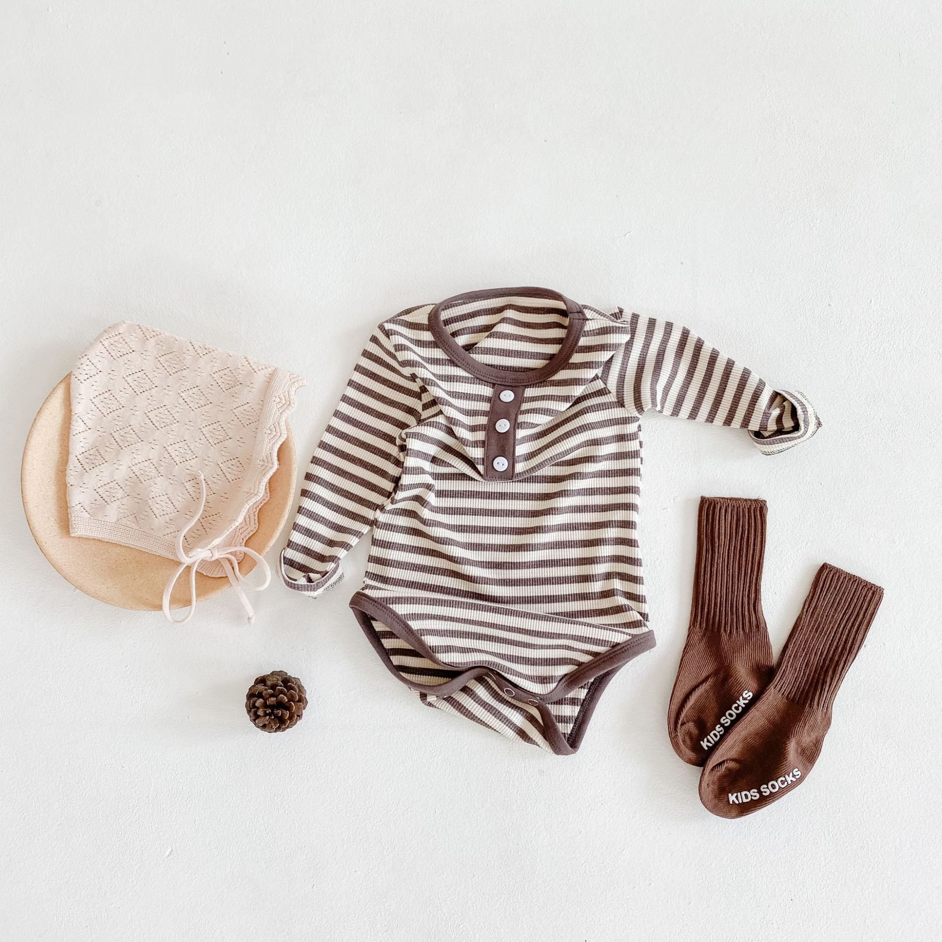 High Qualitybrown Stripe Cotton Blend Baby Long Sleeve Romper Casual Comfortable Romper