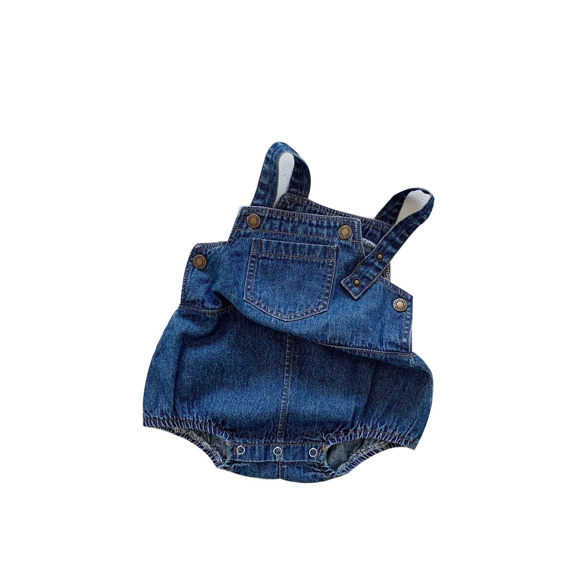 Wholesale 2022 Summer 0-3 Years Old Kids Striped T-shirt Denim Suspender Pants Baby Girls Set Short Sleeve Baby Romper
