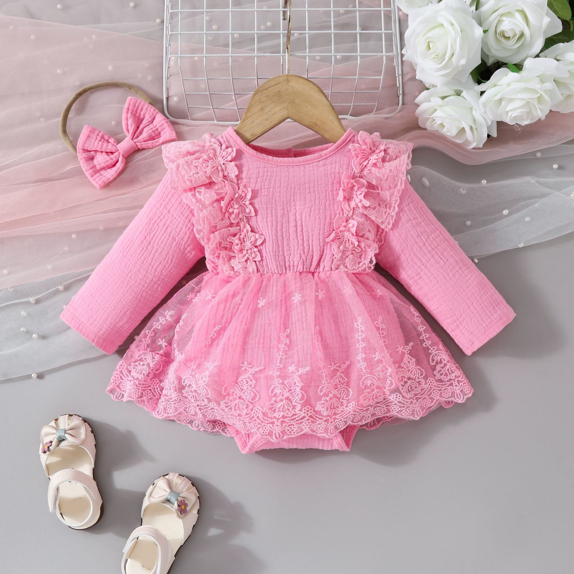 2024 Autumn Spring Infant Clothing Wholesale Hot Selling Sweet Flowers Long-sleeved Mesh Newborn Baby Romper