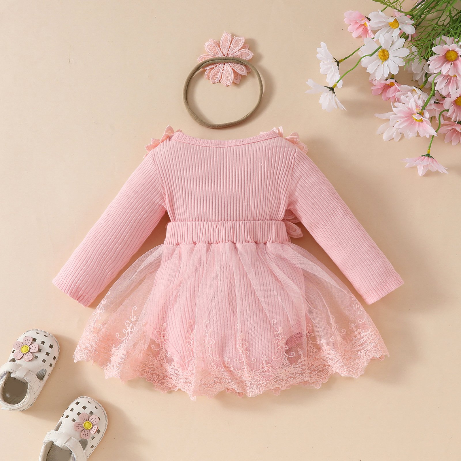 2024 Autumn Spring Infant Clothing Wholesale Hot Selling Sweet Flowers Long-sleeved Mesh Newborn Baby Romper