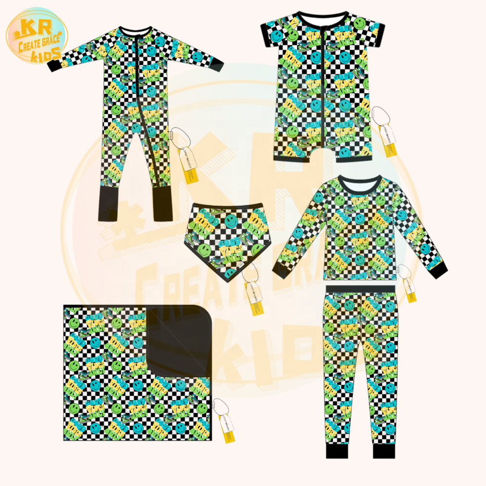 Wholesale Custom Bamboo Fabric Smile Print Short Sleeve One Piece Pajamas Clothes Baby Sleepwear Boy Girl Zipper Romper