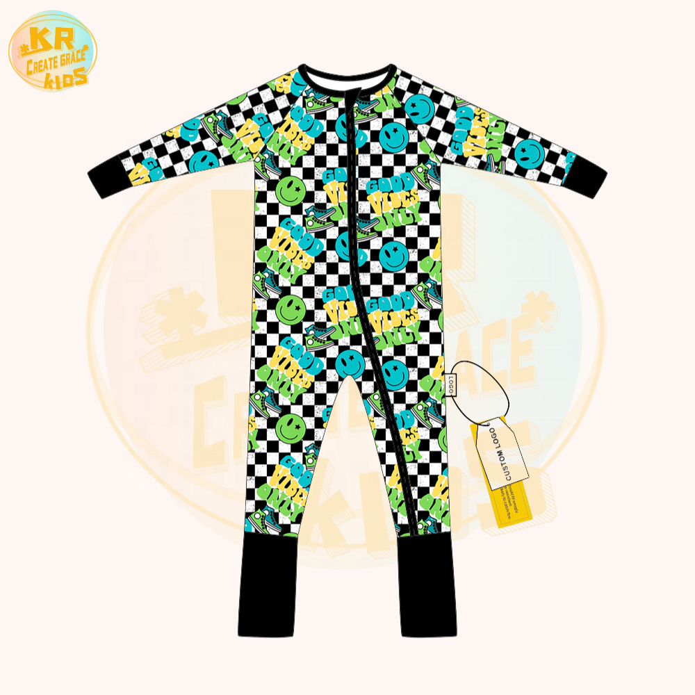 Wholesale Custom Bamboo Fabric Smile Print Short Sleeve One Piece Pajamas Clothes Baby Sleepwear Boy Girl Zipper Romper