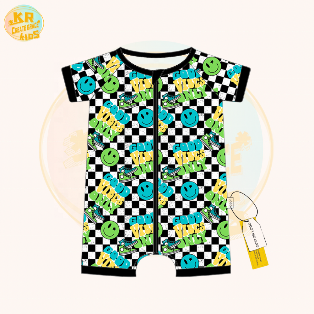 Wholesale Custom Bamboo Fabric Smile Print Short Sleeve One Piece Pajamas Clothes Baby Sleepwear Boy Girl Zipper Romper