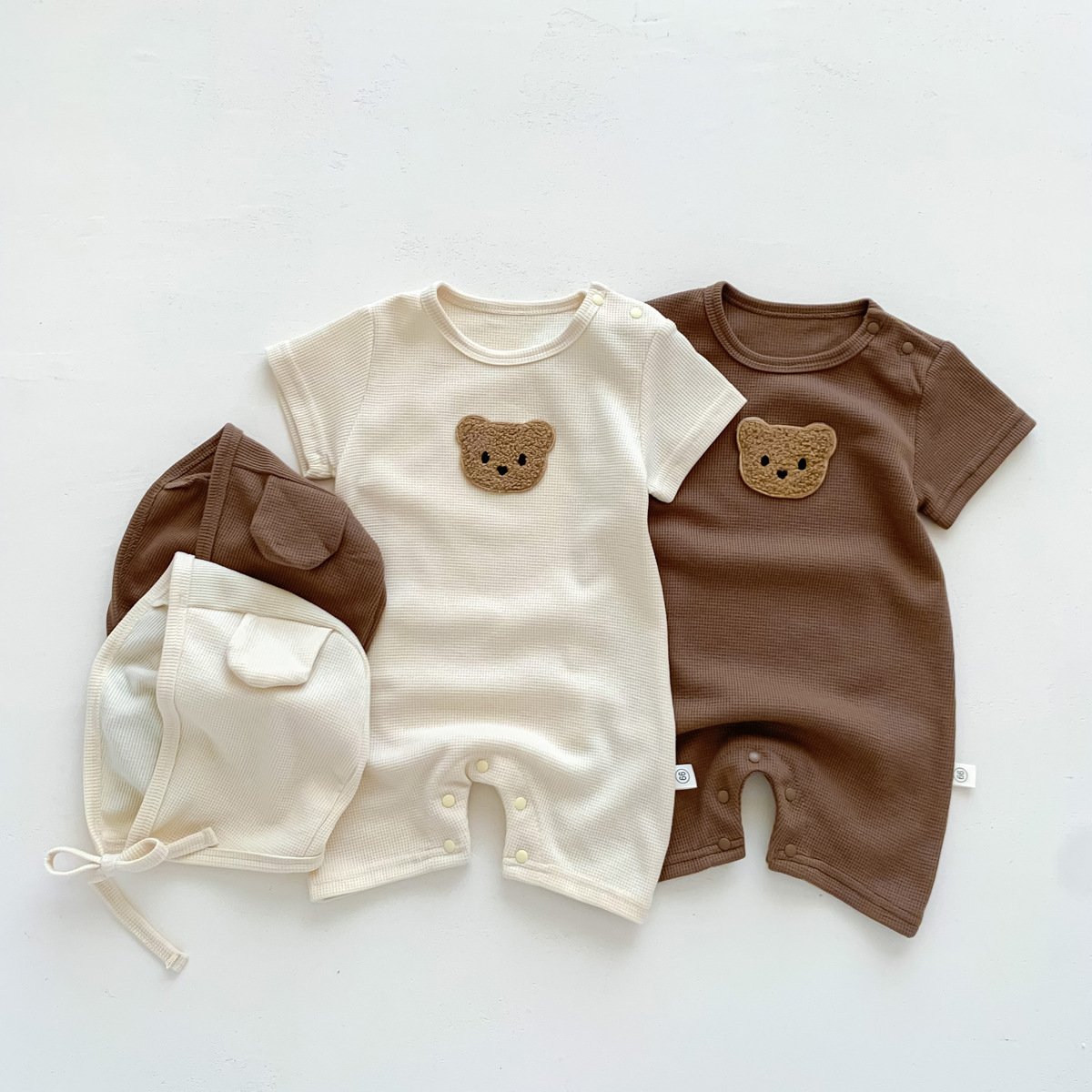 Summer Wholesale Cute Bear Pocket Infant Baby Waffle Outfits Boys Jumpsuit Girls Romper