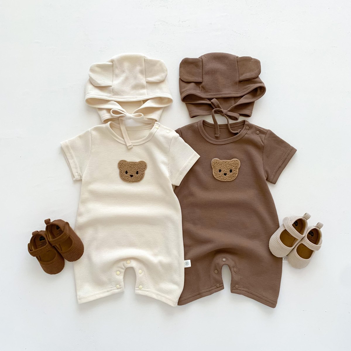 Summer Wholesale Cute Bear Pocket Infant Baby Waffle Outfits Boys Jumpsuit Girls Romper