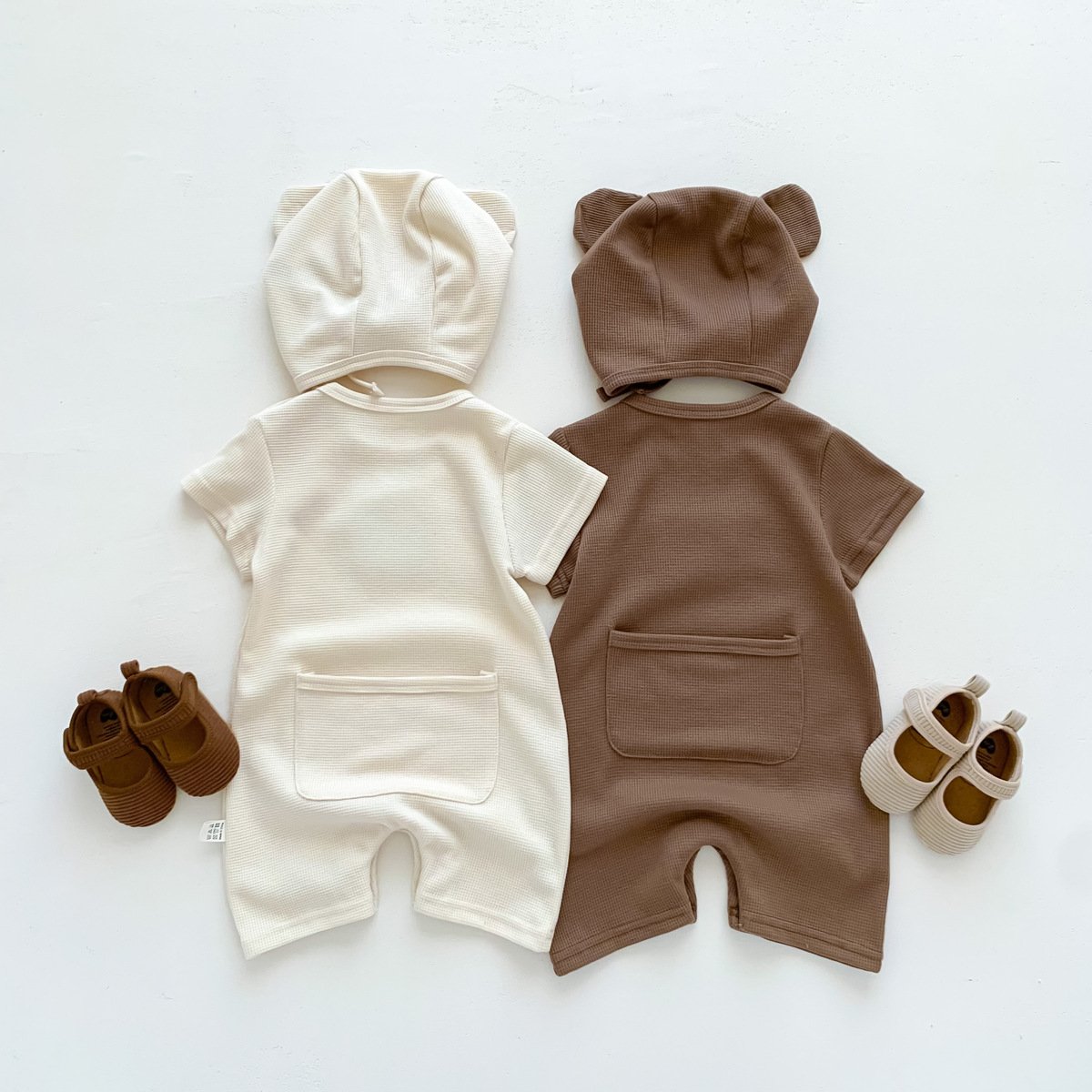 Summer Wholesale Cute Bear Pocket Infant Baby Waffle Outfits Boys Jumpsuit Girls Romper