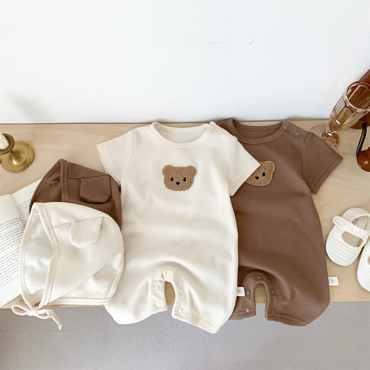 Summer Wholesale Cute Bear Pocket Infant Baby Waffle Outfits Boys Jumpsuit Girls Romper