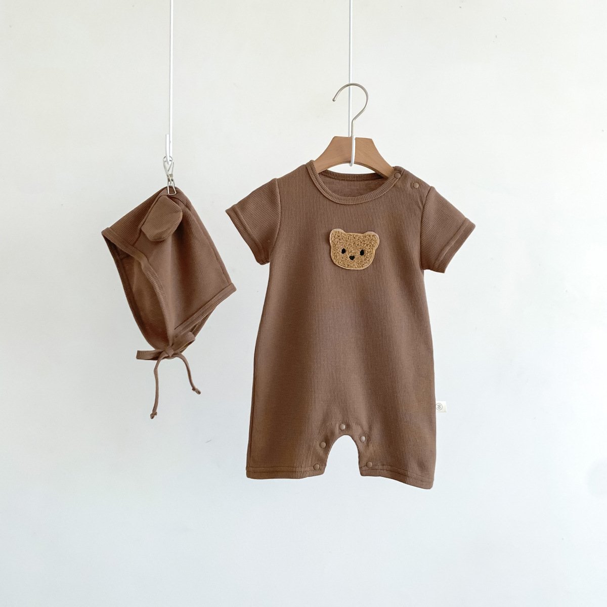 Summer Wholesale Cute Bear Pocket Infant Baby Waffle Outfits Boys Jumpsuit Girls Romper