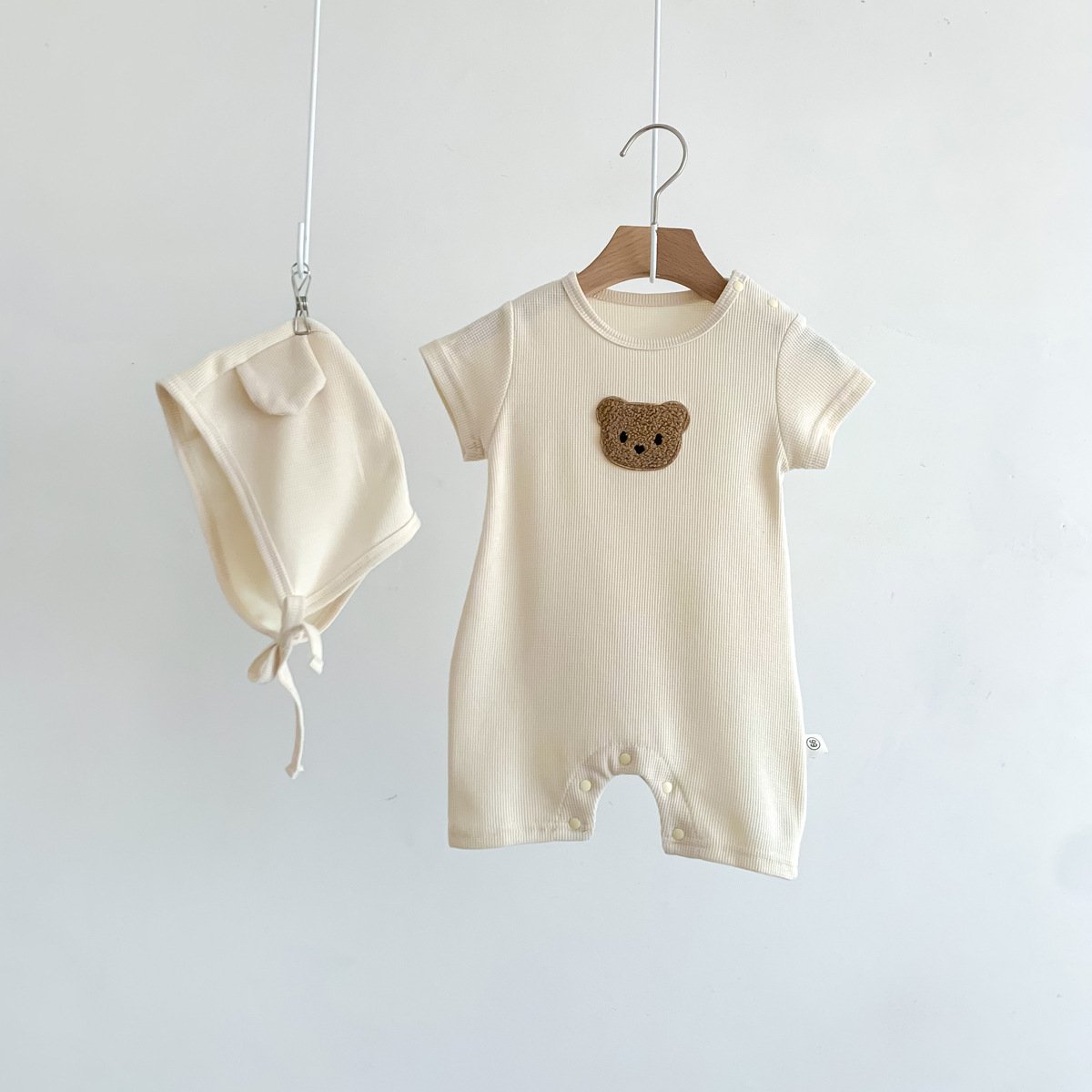 Summer Wholesale Cute Bear Pocket Infant Baby Waffle Outfits Boys Jumpsuit Girls Romper
