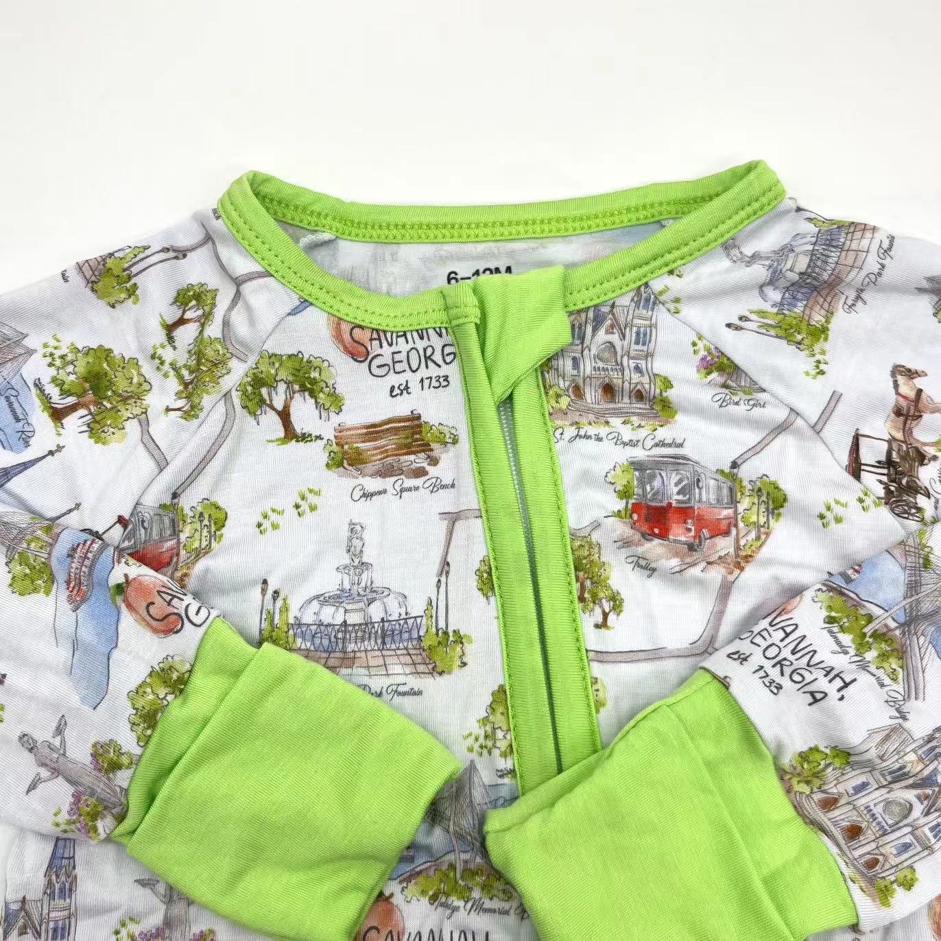 Kids boutique Wholesale Girls bamboo fiber custom pink flower printing zipper baby clothes with ruffles