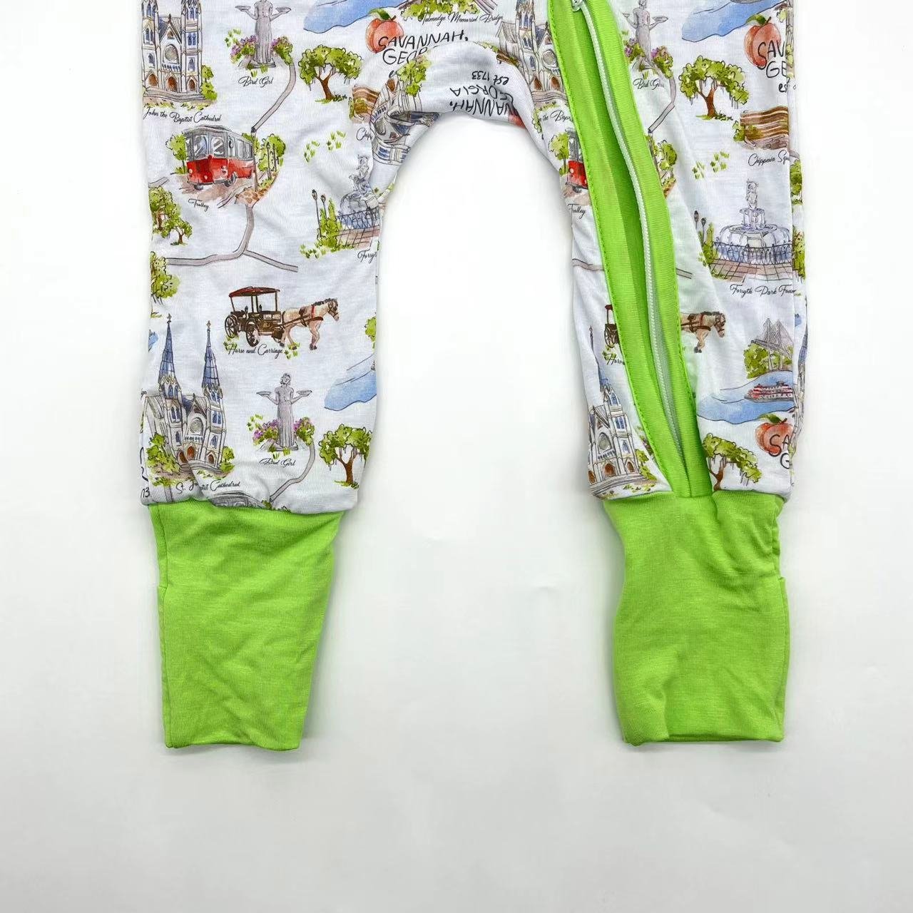 Kids boutique Wholesale Girls bamboo fiber custom pink flower printing zipper baby clothes with ruffles