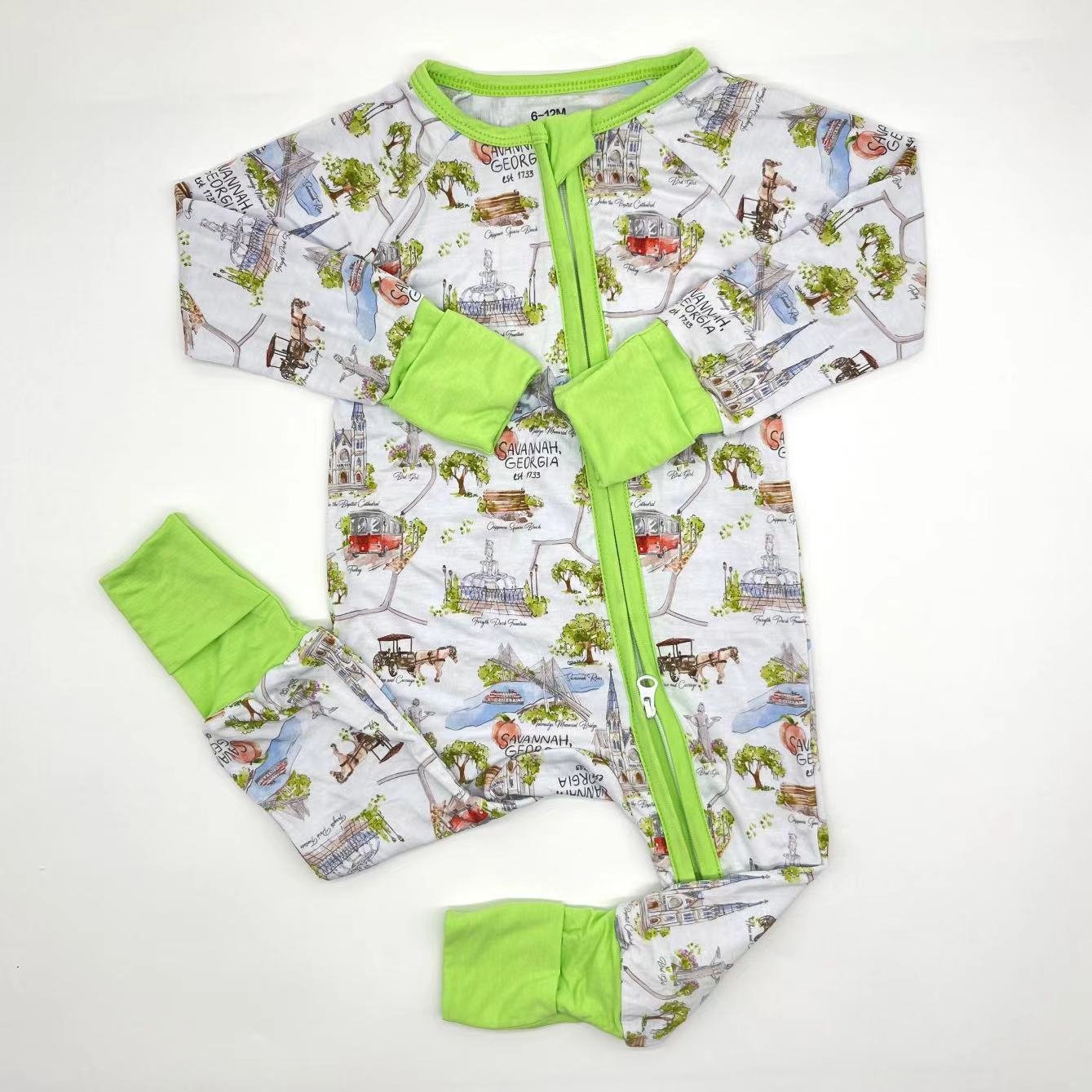 Kids boutique Wholesale Girls bamboo fiber custom pink flower printing zipper baby clothes with ruffles