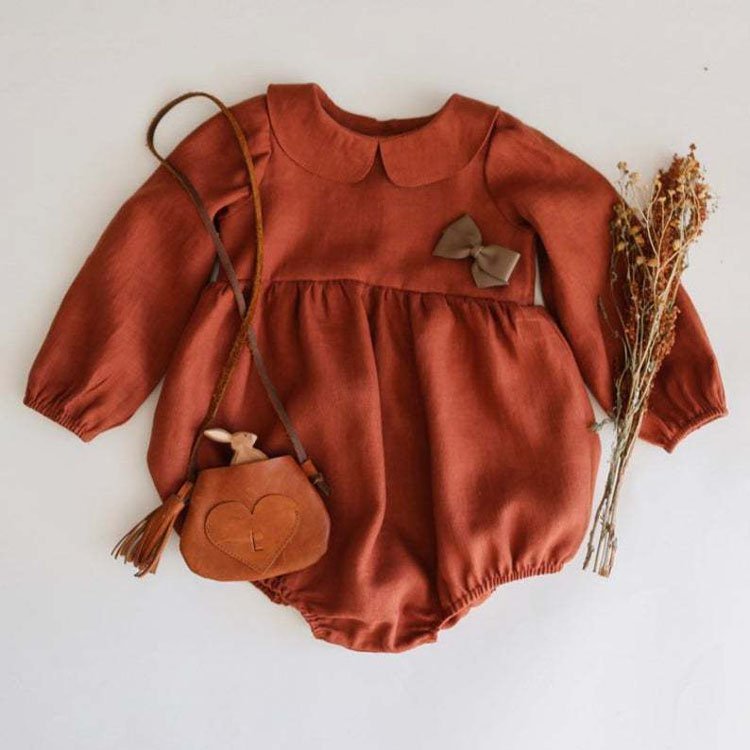 Cute Soft Linen Cotton Plain Color Long Sleeves Boutique Kids Baby Girls Romper