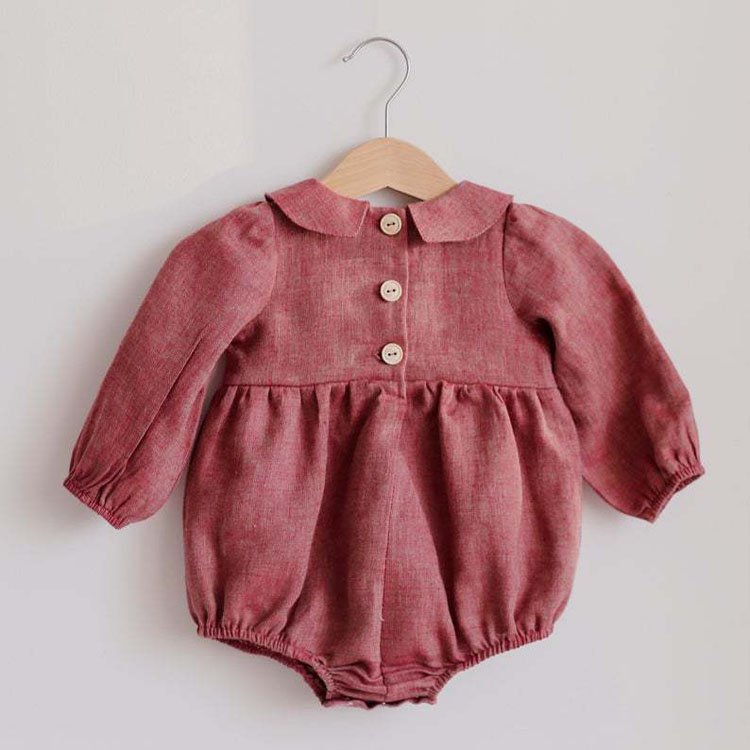 Cute Soft Linen Cotton Plain Color Long Sleeves Boutique Kids Baby Girls Romper