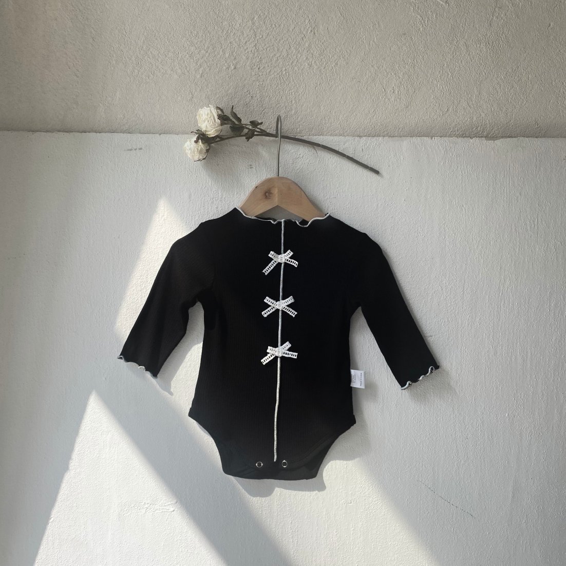 Autumn baby temperament bow bow wooden ear edge pit stripes baby jumpsuit