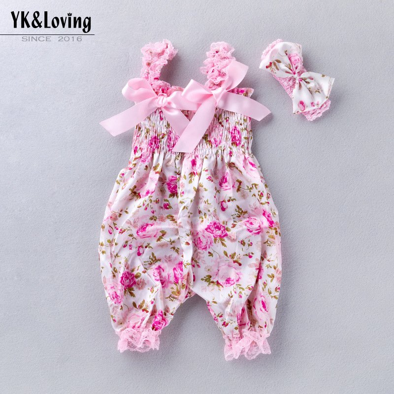 Wholesale Jumpsuit Long Climbing Clothes Girls Headband Floral Printing Baby Clothes Straps Newborn Baby Rompers