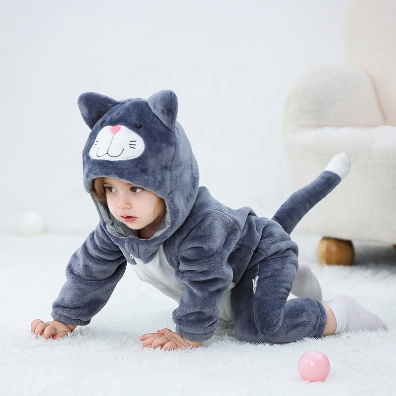 TONWHAR Wholesale Customized Kids Christmas outfit Children Flannel Cat Jumpsuit Baby Overalls