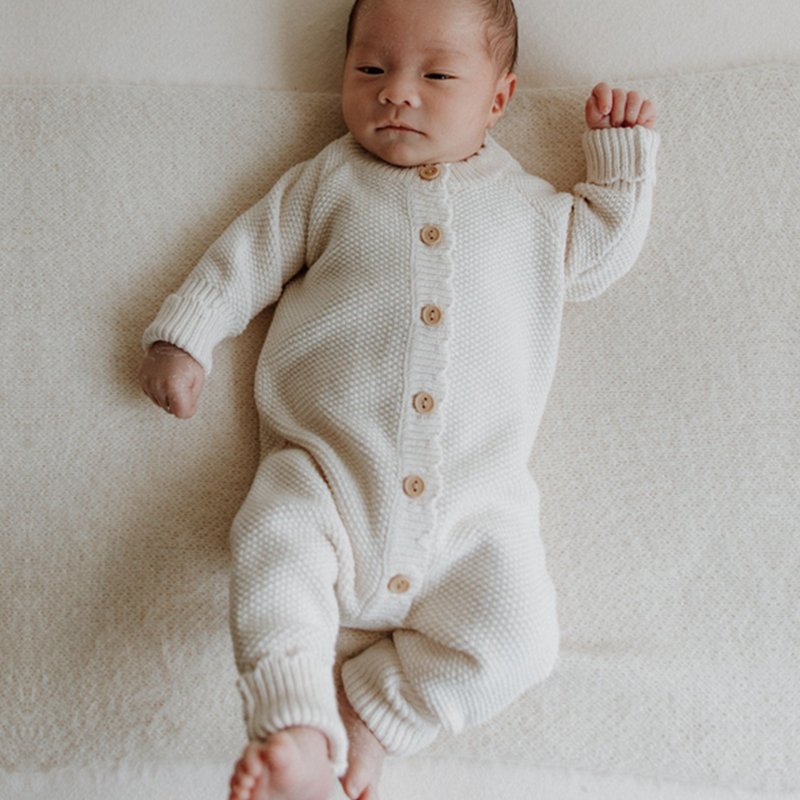 2024 New 100% Organic Cotton White Knitted Baby Jumpsuit Wholesales Custom Newborn Baby Romper