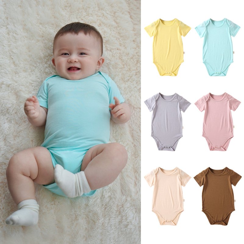 New Customize Solid colors Bamboo Viscose baby onesie Short sleeve toddler clothing Soft Button baby boy romper