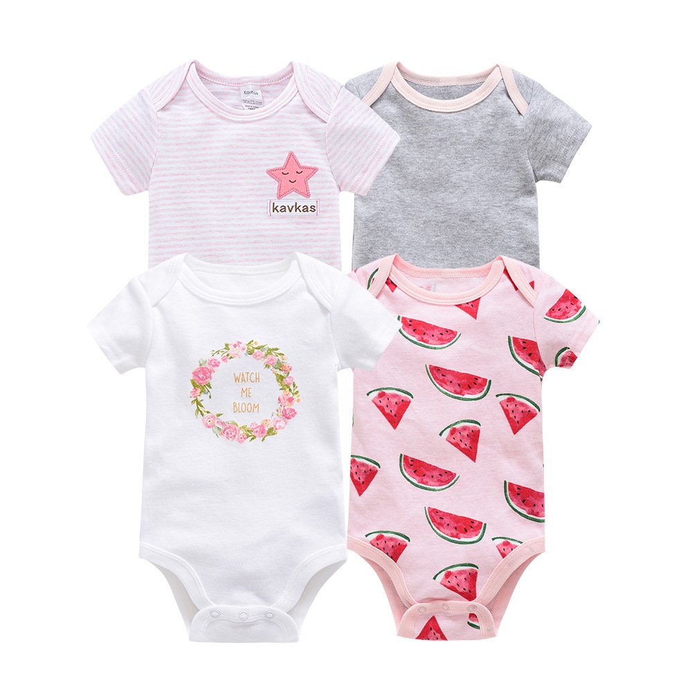 Summer Newborn Short Sleeved Jumpsuits Boys Girls Unisex Cartoon Print Three Piece Triangle Clothes Baby Rompers