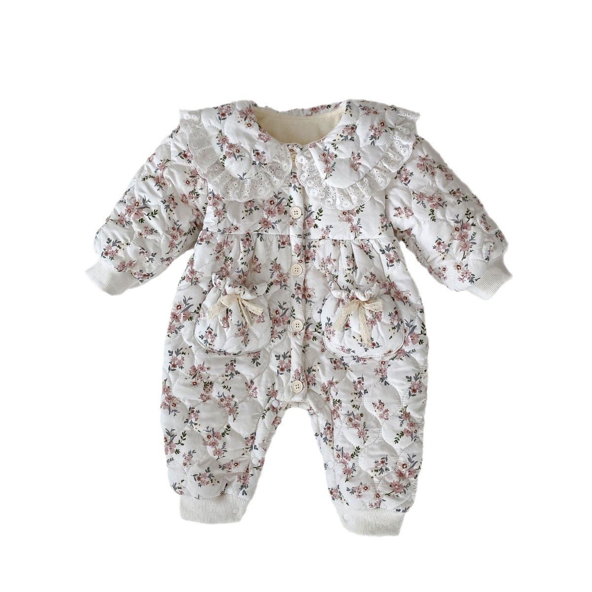 Wholesale 2024 Winter Baby Clothing Sweet Style Floral Long Sleeve Warm Cotton Baby Rompers