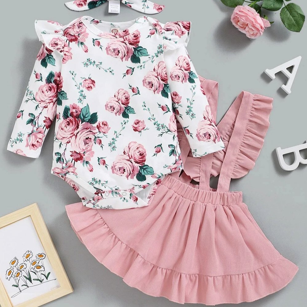 Fall Sets For Girls Long Sleeve Baby Girls' Clothing Sets Soft Lovely Baby Floral Ruffle Romper