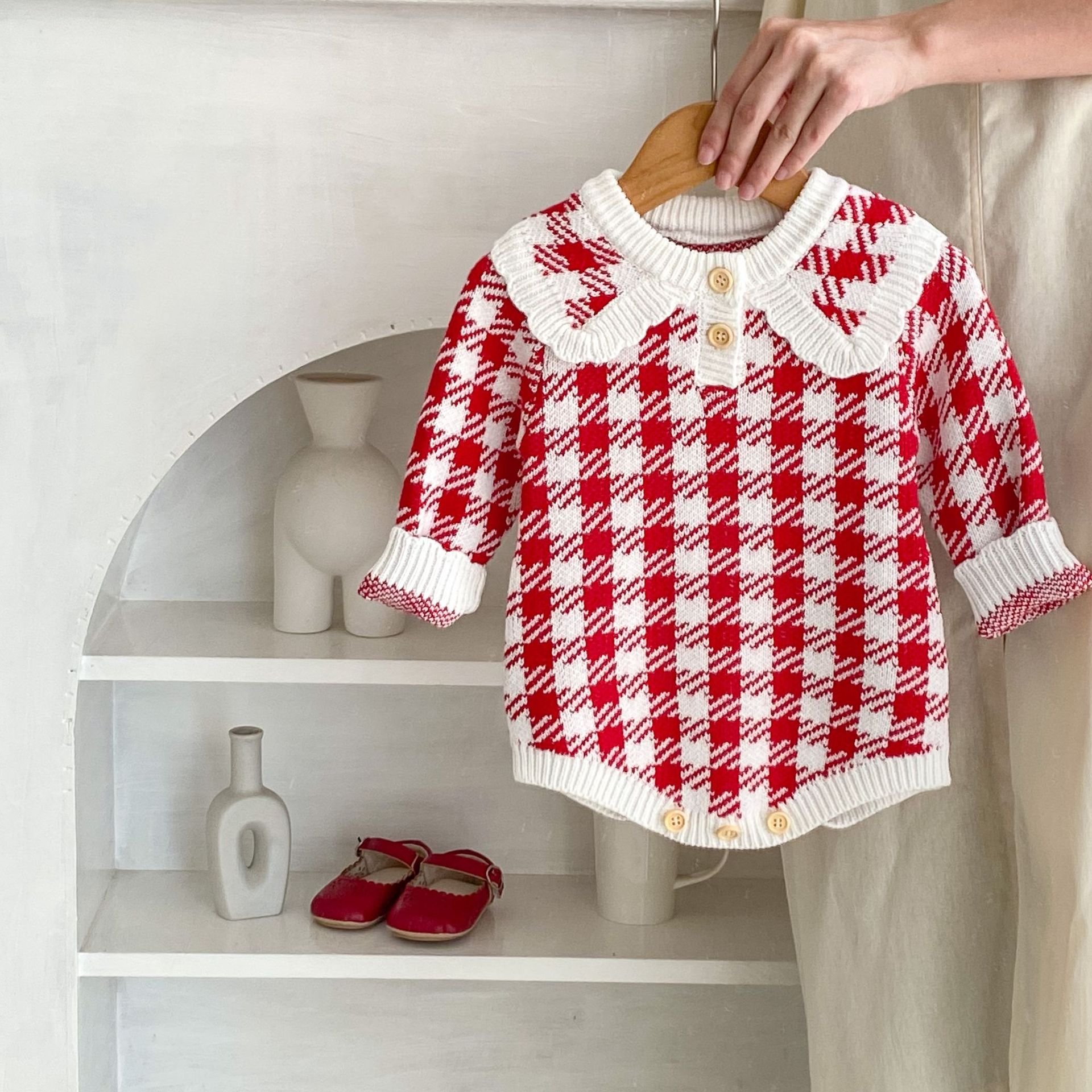 ins fall new baby virginias baby red cotton yarn knitted triangle clothing climbing suit