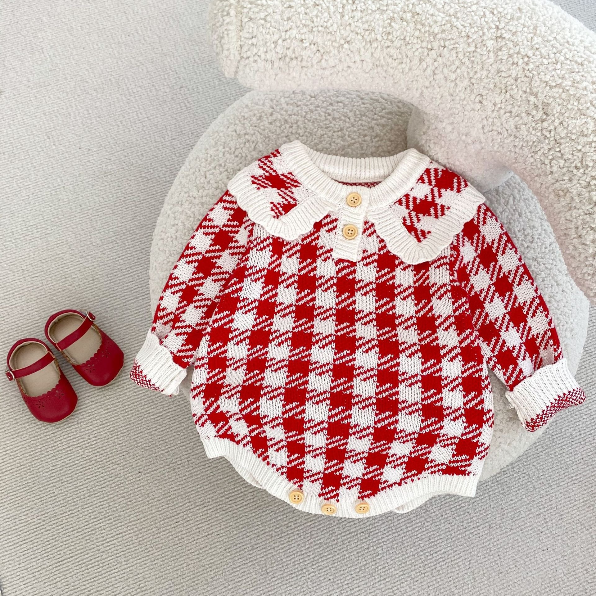 ins fall new baby virginias baby red cotton yarn knitted triangle clothing climbing suit