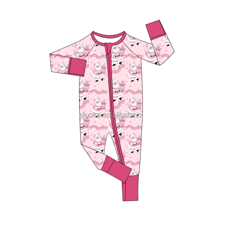 OEM Boutique Newborn Baby Long Sleeve Bamboo Christmas Pajamas Soft Baby Girl Zip Footie Romper