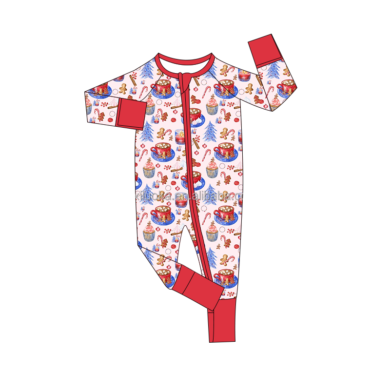 OEM Boutique Newborn Baby Long Sleeve Bamboo Christmas Pajamas Soft Baby Girl Zip Footie Romper