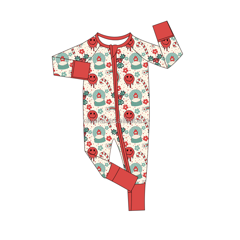 OEM Boutique Newborn Baby Long Sleeve Bamboo Christmas Pajamas Soft Baby Girl Zip Footie Romper