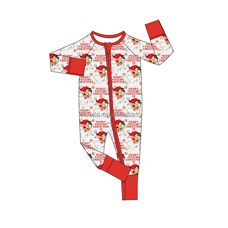 OEM Boutique Newborn Baby Long Sleeve Bamboo Christmas Pajamas Soft Baby Girl Zip Footie Romper