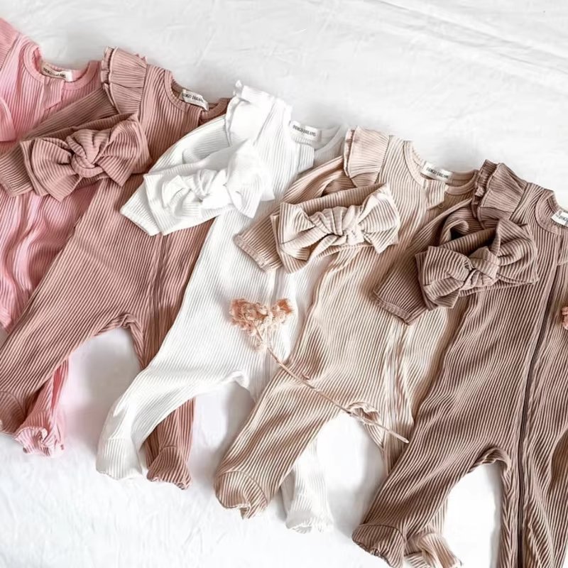 New Born Baby Clothing Set with Headband Long Sleeve Romper Footie Solid Color Newborn Baby Girls Ribbing rompers