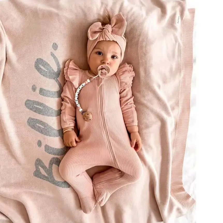 New Born Baby Clothing Set with Headband Long Sleeve Romper Footie Solid Color Newborn Baby Girls Ribbing rompers